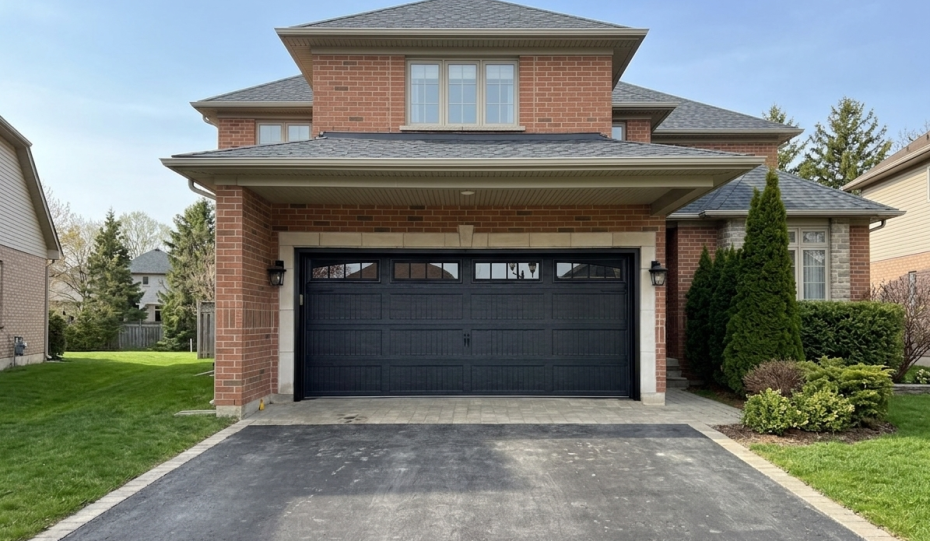 Wide exterior view of a brick home featuring a black recessed long panel coach garage door in Caledon East