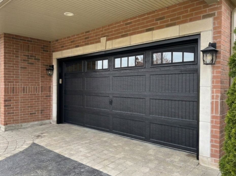 Angle view of a newly installed black recessed long panel garage door on a brick home in Caledon East