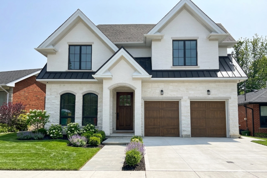 Two custom steel wood overlay garage doors freshly installed on a luxury home with concrete driveway.